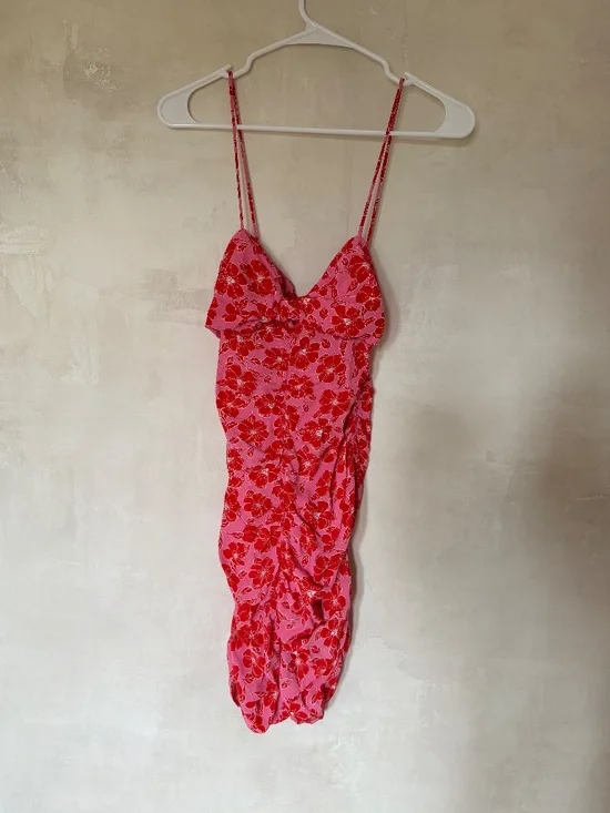 Zara Women's Pink Red Floral Twisted Bodice Mini Dress Spaghetti Strap M New - Picture 5 of 5